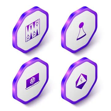 Set Isometric Backgammon board, Chip for game, Game dice and icon. Purple Stock Illustration