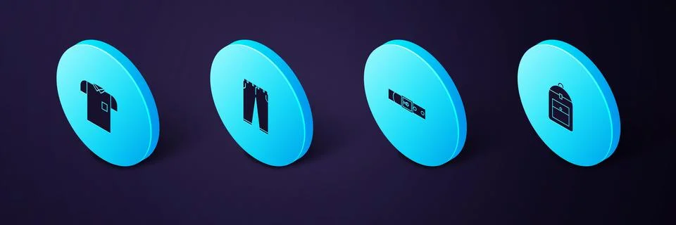 Set Isometric Backpack, Leather belt, Pants and Polo shirt icon. Vector Illustrazione stock