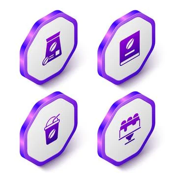Set Isometric Bag of coffee beans, Coffee book, Iced and Cake icon. Purple Stock Illustration