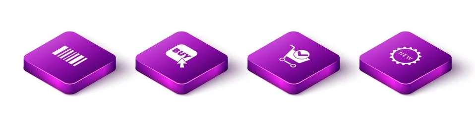 Set Isometric Barcode, Buy button, Shopping cart with check mark and Price tag Stock-Illustration