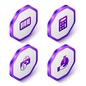 Set Isometric Barcode, Calculator, Stacks paper money cash and Money bag icon Illustrazione stock