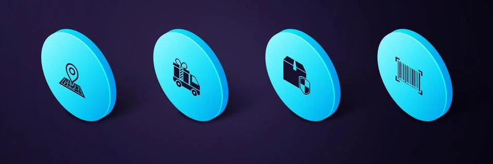 Set Isometric Barcode, Delivery box security shield, truck with gift and Plac Ilustración de archivo