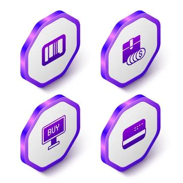 Set Isometric Barcode, Item price tag with dollar, Buy button and Credit card Stock-Illustration