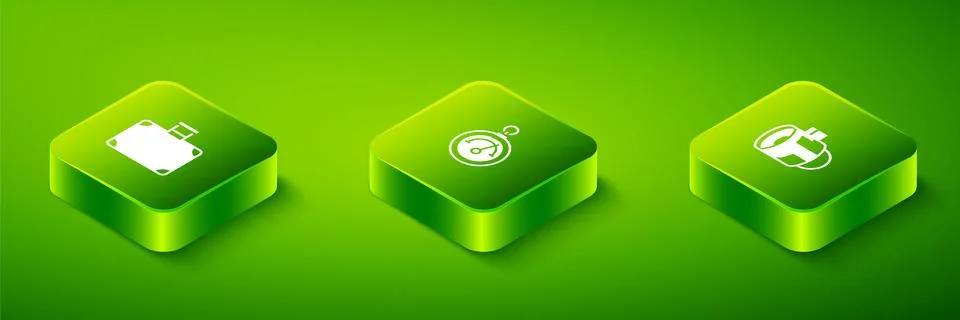 Set Isometric Barometer, Jet engine turbine and Suitcase icon. Vector Stock Illustration