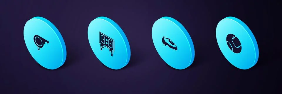 Set Isometric Baseball ball, boot, mechanical scoreboard and Whistle icon Stock Illustration