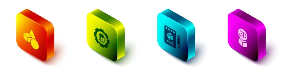 Set Isometric Basic geometric shapes, 3D printer setting, Sketch on paper and Stock Illustration
