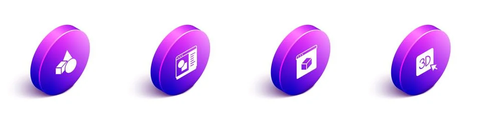 Set Isometric Basic geometric shapes, 3D printer software, and icon. Vector Ilustração Stock