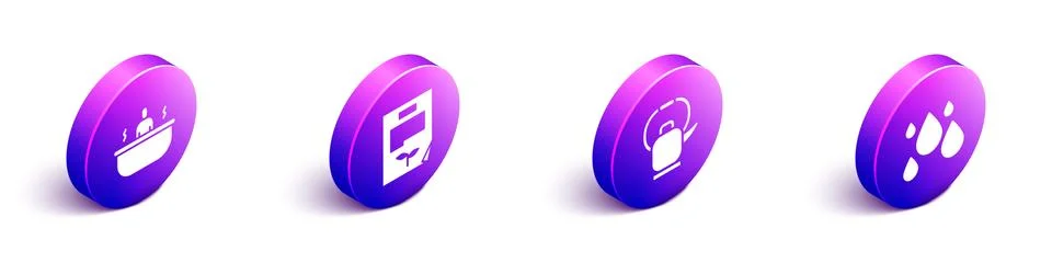 Set Isometric Bathtub, Leaf document, Kettle with handle and Water drop icon Illustration