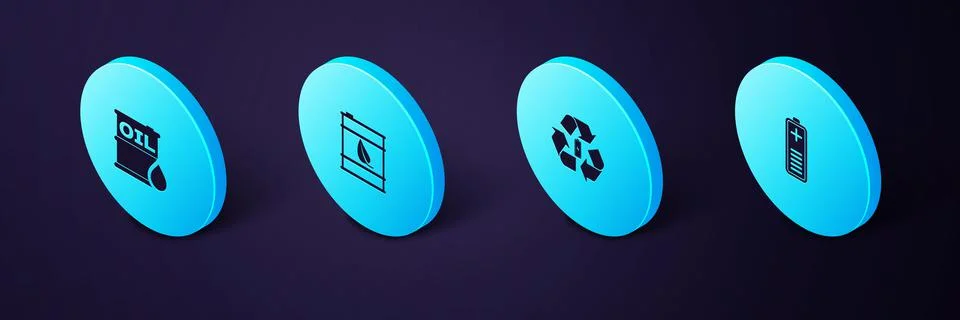 Set Isometric Battery charge level indicator, with recycle, Bio fuel barrel and Stock Illustration