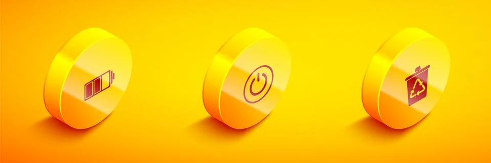 Set Isometric Battery, Power button and Recycle bin with recycle icon. Vector Stock Illustration