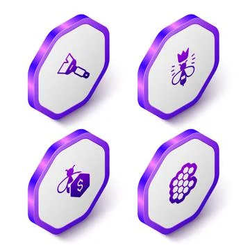 Set Isometric Beekeeping brush, Queen bee, Sale of bees and Honeycomb icon Stock Illustration