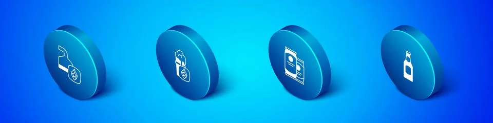 Set Isometric Beer brewing process, can, bottle and Glass of beer icon. Vector Illustrazione stock