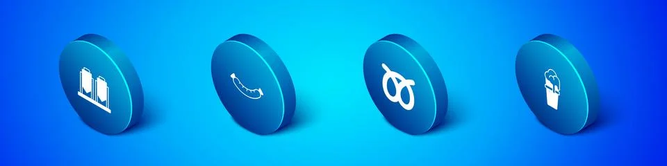 Set Isometric Beer brewing process, Pretzel, Glass of beer and Sausage icon Stockillustratie