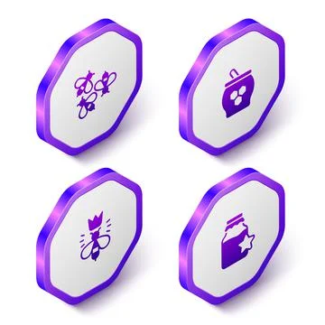 Set Isometric Bees, Jar of honey and dipper stick, Queen bee and icon. Purple Stock Illustration