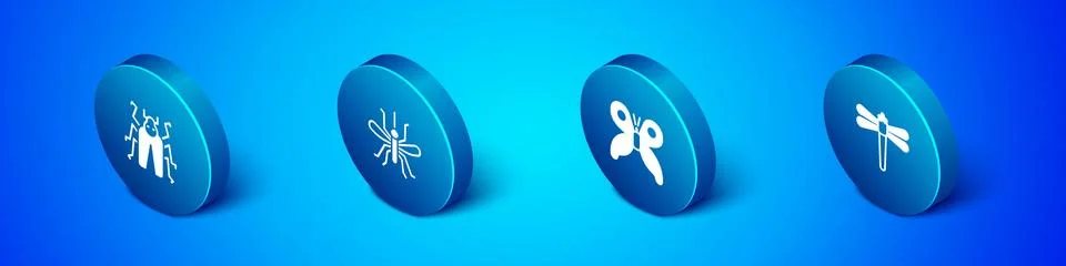 Set Isometric Beetle bug, Butterfly, Dragonfly and Mosquito icon. Vector Stock Illustration