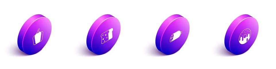 Set Isometric Bell pepper, Bread toast, Salami sausage and Donut icon. Vector イラスト素材