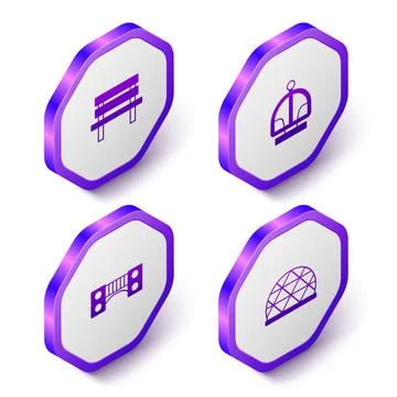 Set Isometric Bench, Attraction carousel, Playground kids bridge and climbing Stock Illustration