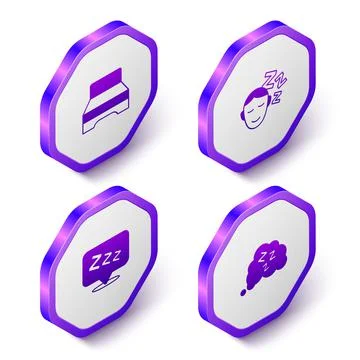 Set Isometric Big bed, Dreams, Sleepy and icon. Purple hexagon button. Vector Stock Illustration