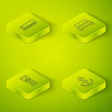 Set Isometric Big bed, Sunscreen cream in tube, Anchor and Air conditioner icon Illustrazione stock