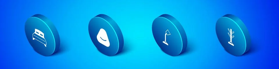 Set Isometric Big bed, Table lamp, Coat stand and Pouf icon. Vector Illustrazione stock