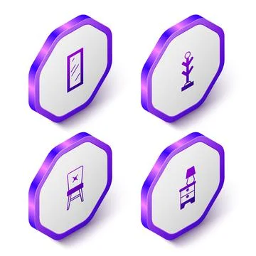 Set Isometric Big full length mirror, Coat stand, Chair and Furniture nightstand Stock Illustration