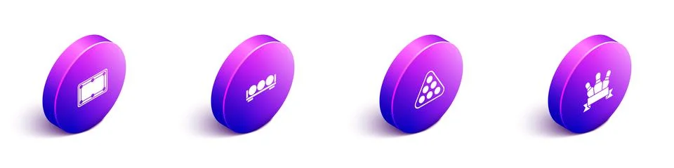 Set Isometric Billiard table, balls on stand, in rack triangle and Bowling pin Illustrazione stock
