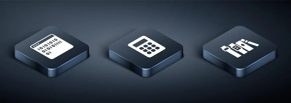 Set Isometric Binary code, Book and Calculator icon. Vector Stock Illustration