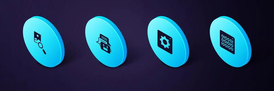 Set Isometric Binary code, Computer api interface, Chat bot and Photo retouching Stock Illustration