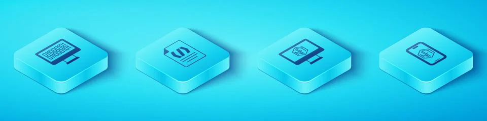 Set Isometric Binary code, Mobile with art store app and Monitor icon. Vector Stock Illustration