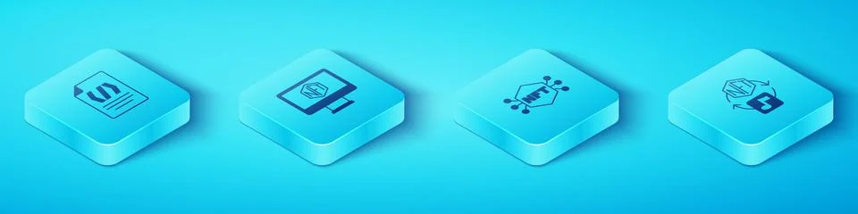 Set Isometric Binary code, Monitor with art store app, NFT Digital crypto and 스톡 일러스트