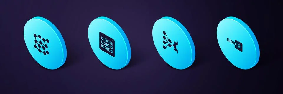 Set Isometric Binary code, Neural network, and icon. Vector Stock Illustration