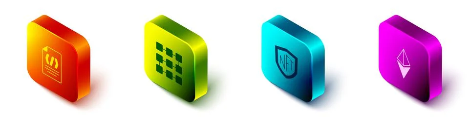Set Isometric Binary code, NFT blockchain technology, shield and Ethereum ETH Stock Illustration