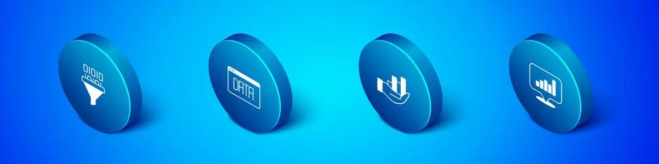 Set Isometric Binary code, Pie chart infographic, and Data analysis icon. V.. Stock Illustration