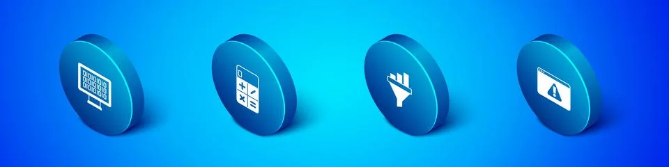 Set Isometric Binary code, Sales funnel with chart, Browser exclamation mark and Illustrazione stock