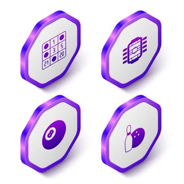 Set Isometric Bingo card, Table football, Billiard pool snooker and Bowling pin Stock Illustration