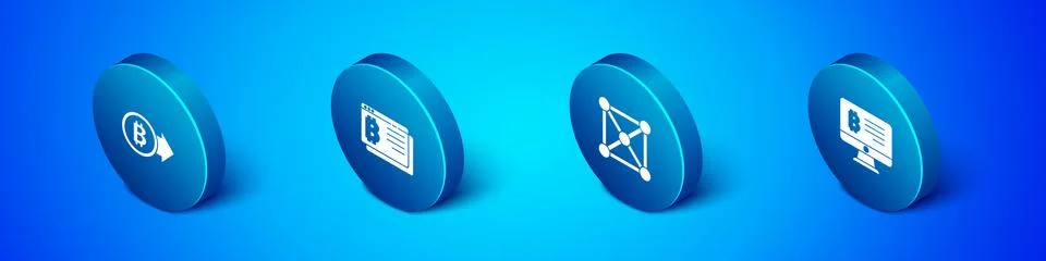 Set Isometric Bitcoin, Blockchain technology, Mining bitcoin from monitor and Stock Illustration