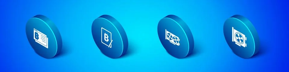 Set Isometric Bitcoin in browser, Video graphic card, and Mining bitcoin from Stock Illustration