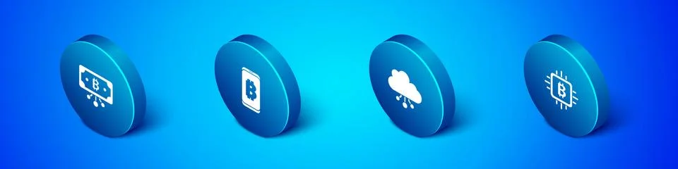 Set Isometric Bitcoin with circuit, Cryptocurrency cloud mining, CPU farm and Illustrazione stock