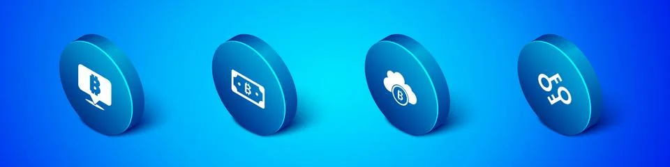 Set Isometric Bitcoin, Cryptocurrency cloud mining, key and bitcoin icon. Vector Illustrazione stock