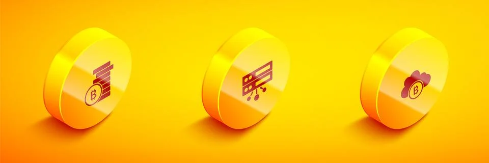 Set Isometric Bitcoin, Server and Cryptocurrency cloud mining icon. Vector Stockillustratie