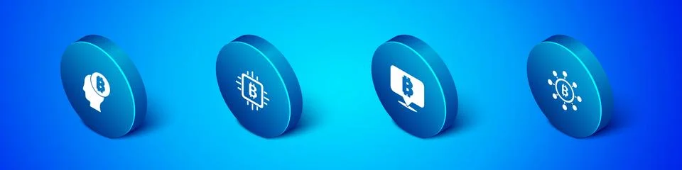 Set Isometric Bitcoin think, , Blockchain technology and CPU mining farm icon 스톡 일러스트