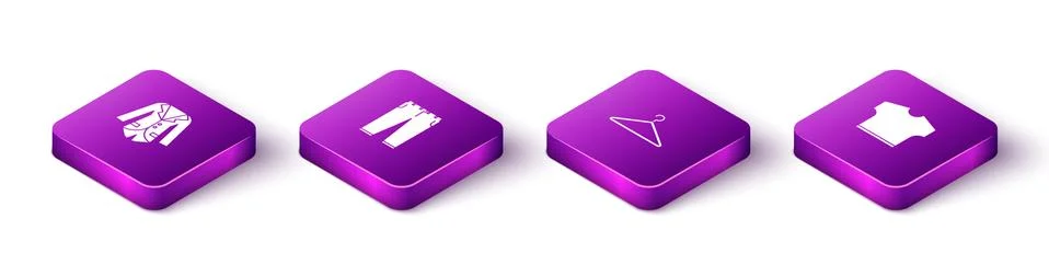 Set Isometric Blazer or jacket, Pants, Hanger wardrobe and T-shirt icon. Vector Stock Illustration