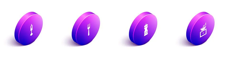 Set Isometric Blender, Fork, Pepper and Manual coffee grinder icon. Vector Stock Illustration
