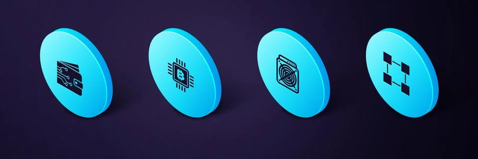 Set Isometric Blockchain technology, ASIC Miner, CPU mining farm and Illustrazione stock