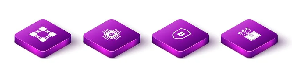 Set Isometric Blockchain technology, Processor chip with dollar, Shield bitcoin Illustrazione stock