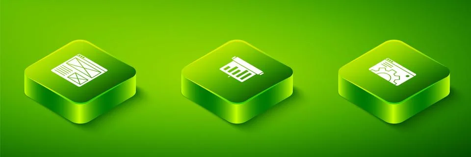 Set Isometric Board with graph chart, Browser setting and window icon. Vector Stock Illustration