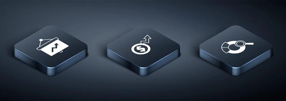 Set Isometric Board with graph, Search data analysis and Financial growth dollar Stock Illustration