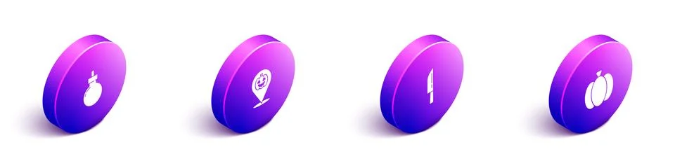 Set Isometric Bomb ready to explode, Pumpkin, Knife and icon. Vector Stock Illustration