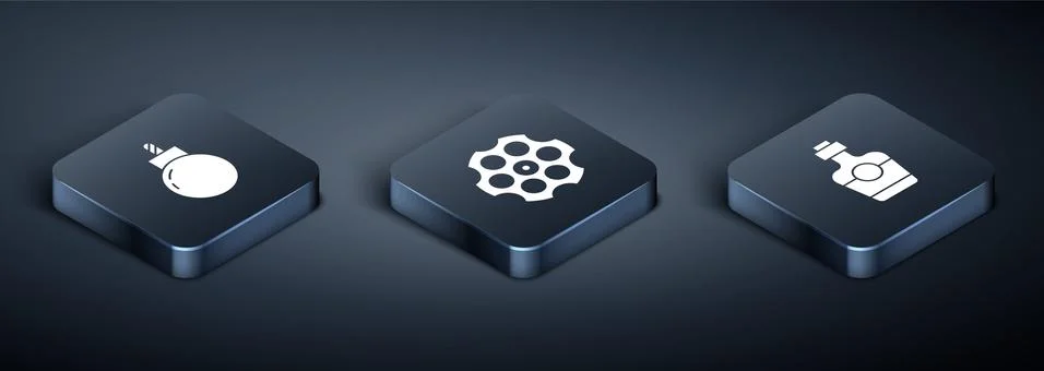 Set Isometric Bomb ready to explode, Tequila bottle and Revolver cylinder icon Illustrazione stock