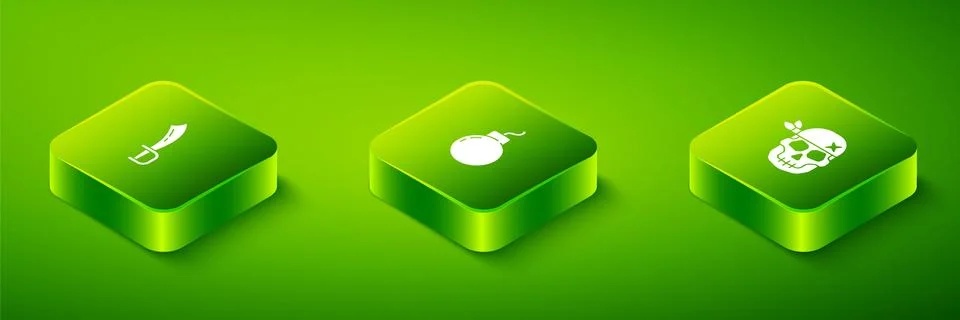 Set Isometric Bomb ready to explode, Skull and Pirate sword icon. Vector Stock Illustration